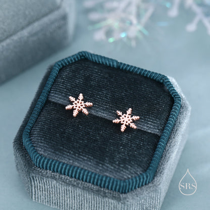 Snowflake Stud Earrings in Sterling Silver, Small Snow Earrings, Available in Three Finishes - Silver, Gold and Rose Gold, Dainty Snowflake