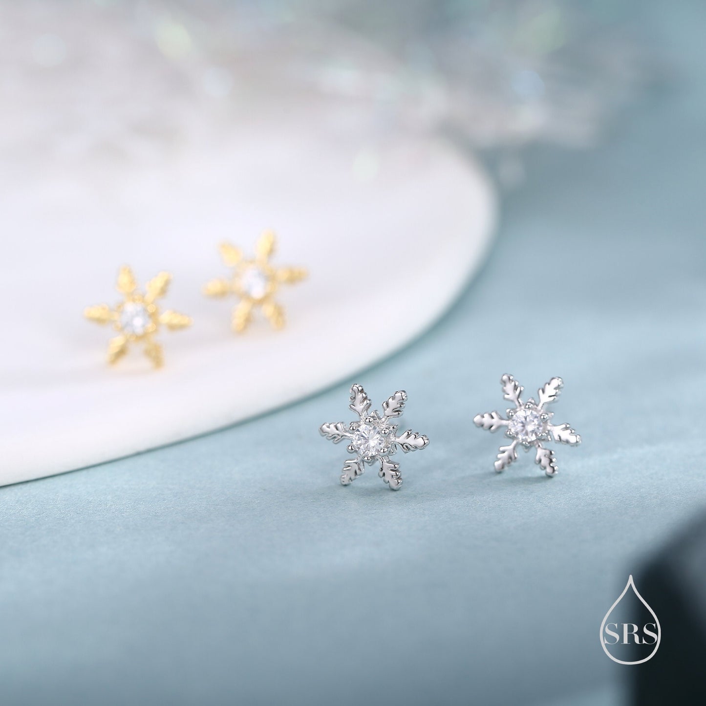 CZ Snowflake Stud Earrings in Sterling Silver, Small Snow Earrings, Available in Three Finishes - Silver, Gold and Rose Gold