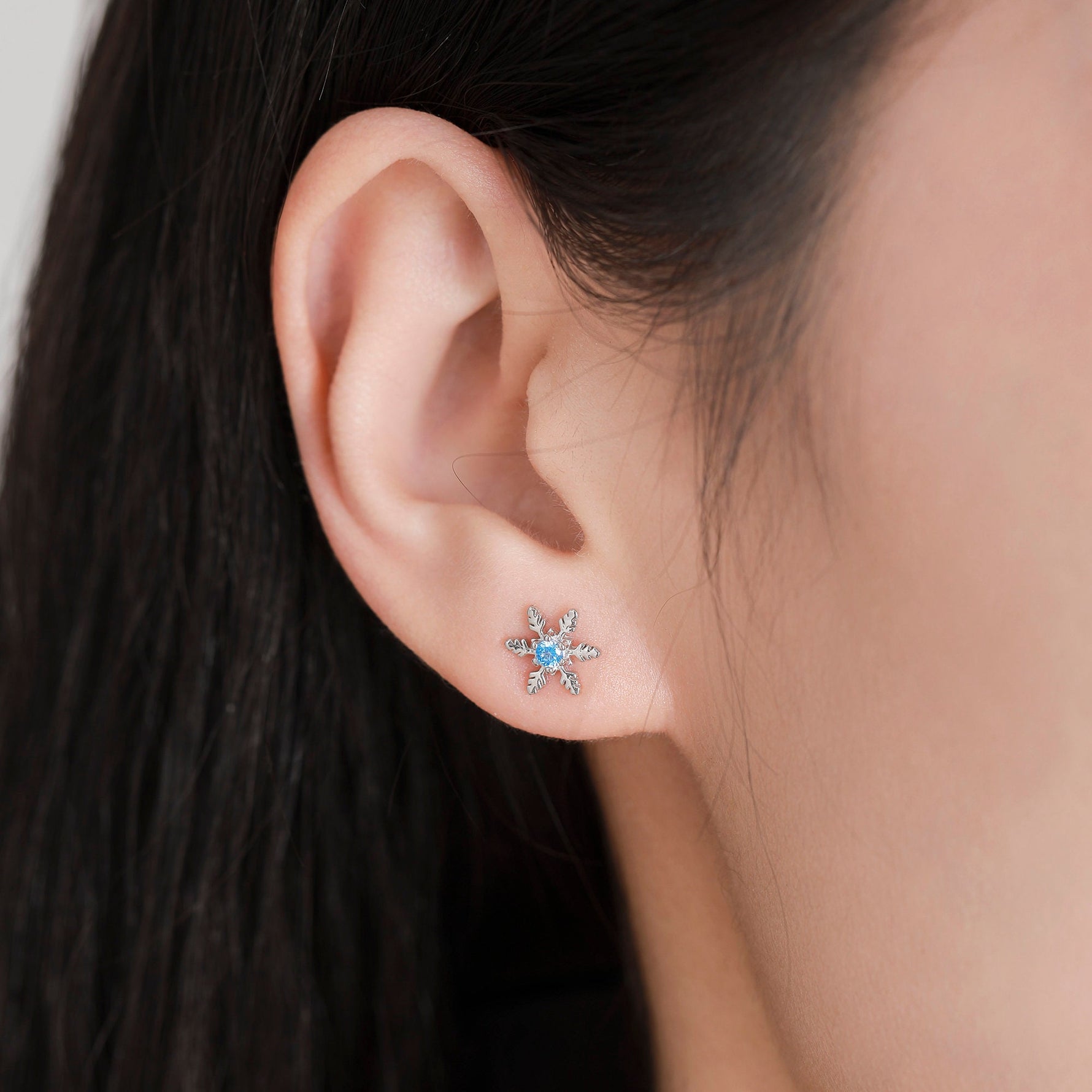 Blue CZ Snowflake Stud Earrings in Sterling Silver, Small Snow Earrings, Available in two Finishes - Silver or Gold