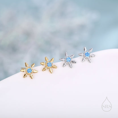 Blue CZ Snowflake Stud Earrings in Sterling Silver, Small Snow Earrings, Available in Three Finishes - Silver, Gold and Rose Gold