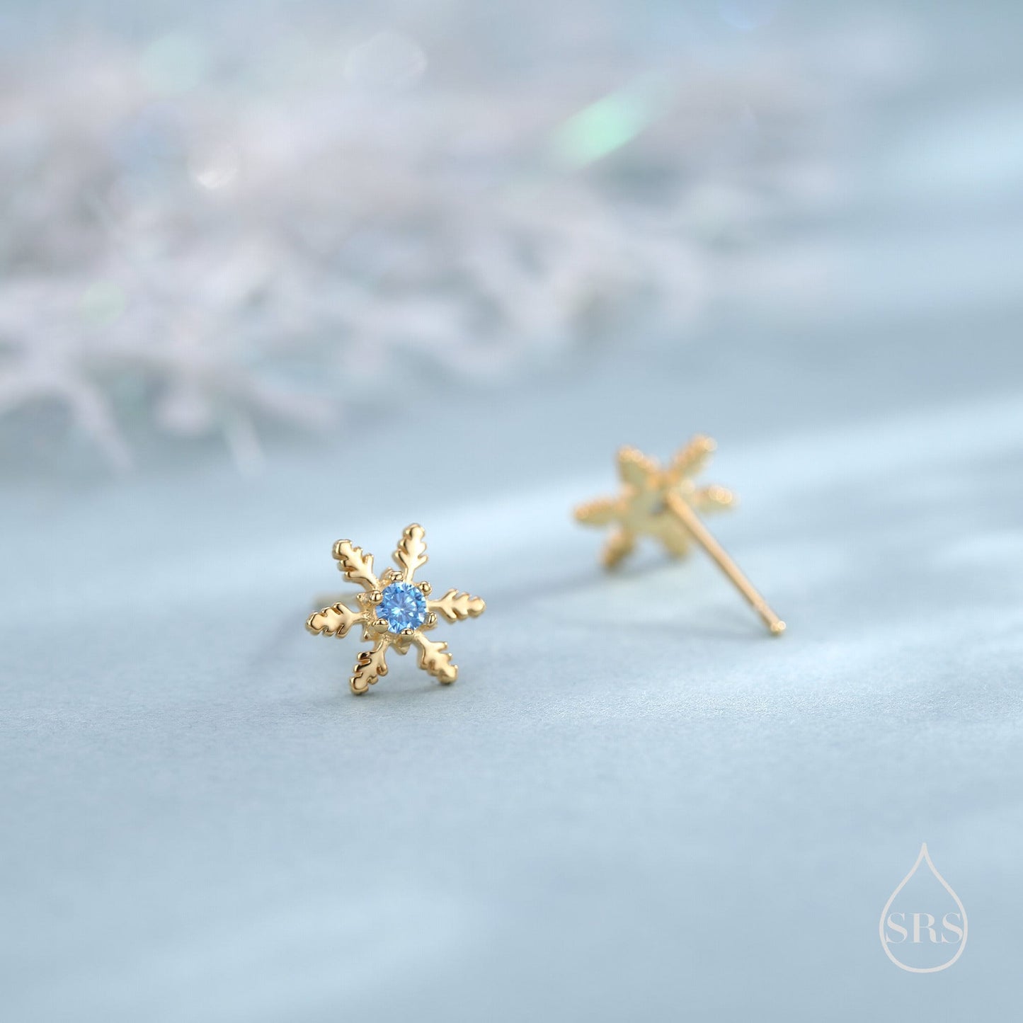 Blue CZ Snowflake Stud Earrings in Sterling Silver, Small Snow Earrings, Available in Three Finishes - Silver, Gold and Rose Gold