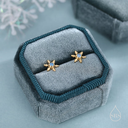 Blue CZ Snowflake Stud Earrings in Sterling Silver, Small Snow Earrings, Available in Three Finishes - Silver, Gold and Rose Gold