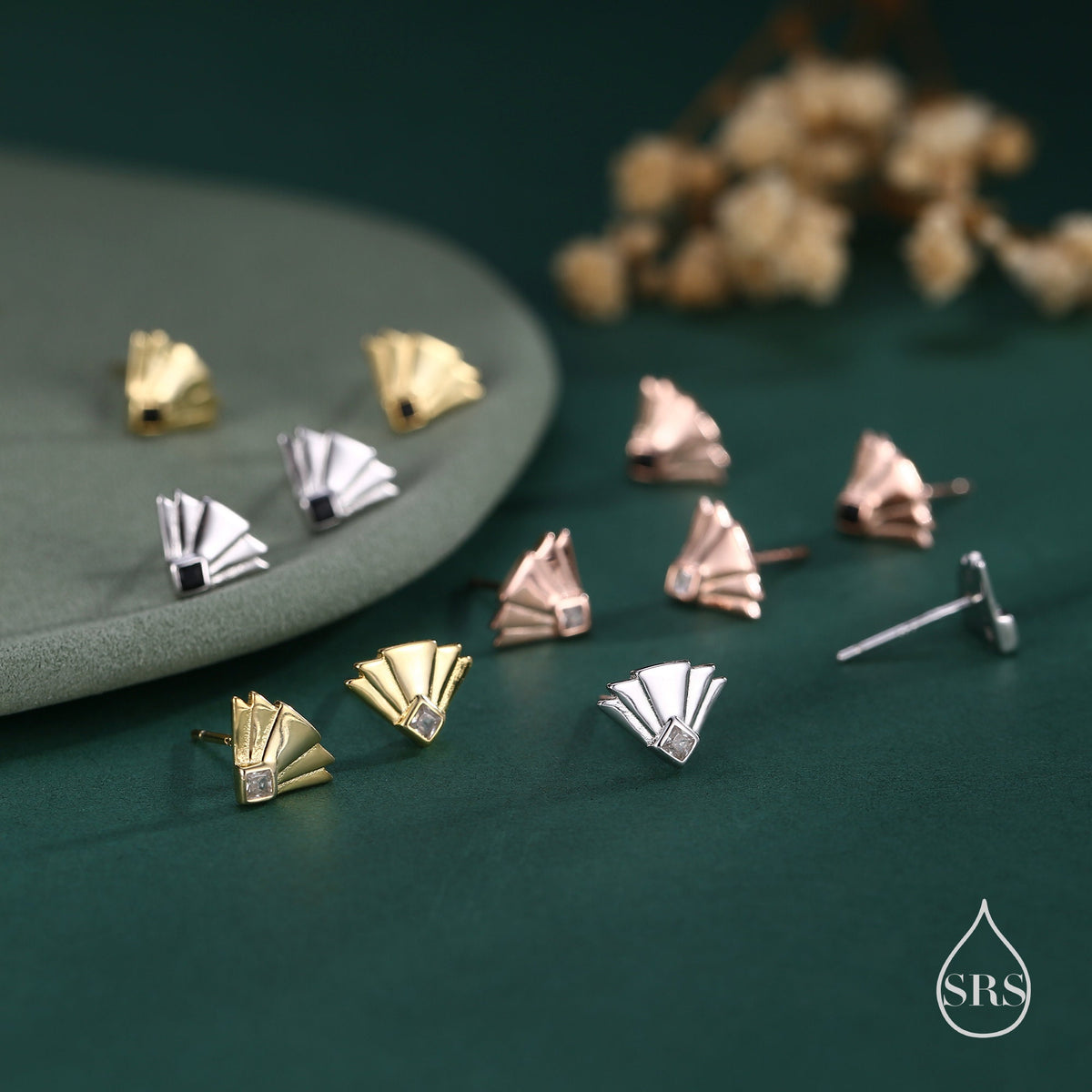 Art Deco Inspired Small Sun Ray Stud Earrings in Sterling Silver, Black or clear CZ, Silver or Gold or Rose Gold, Tiny Art Deco Style Earrings
