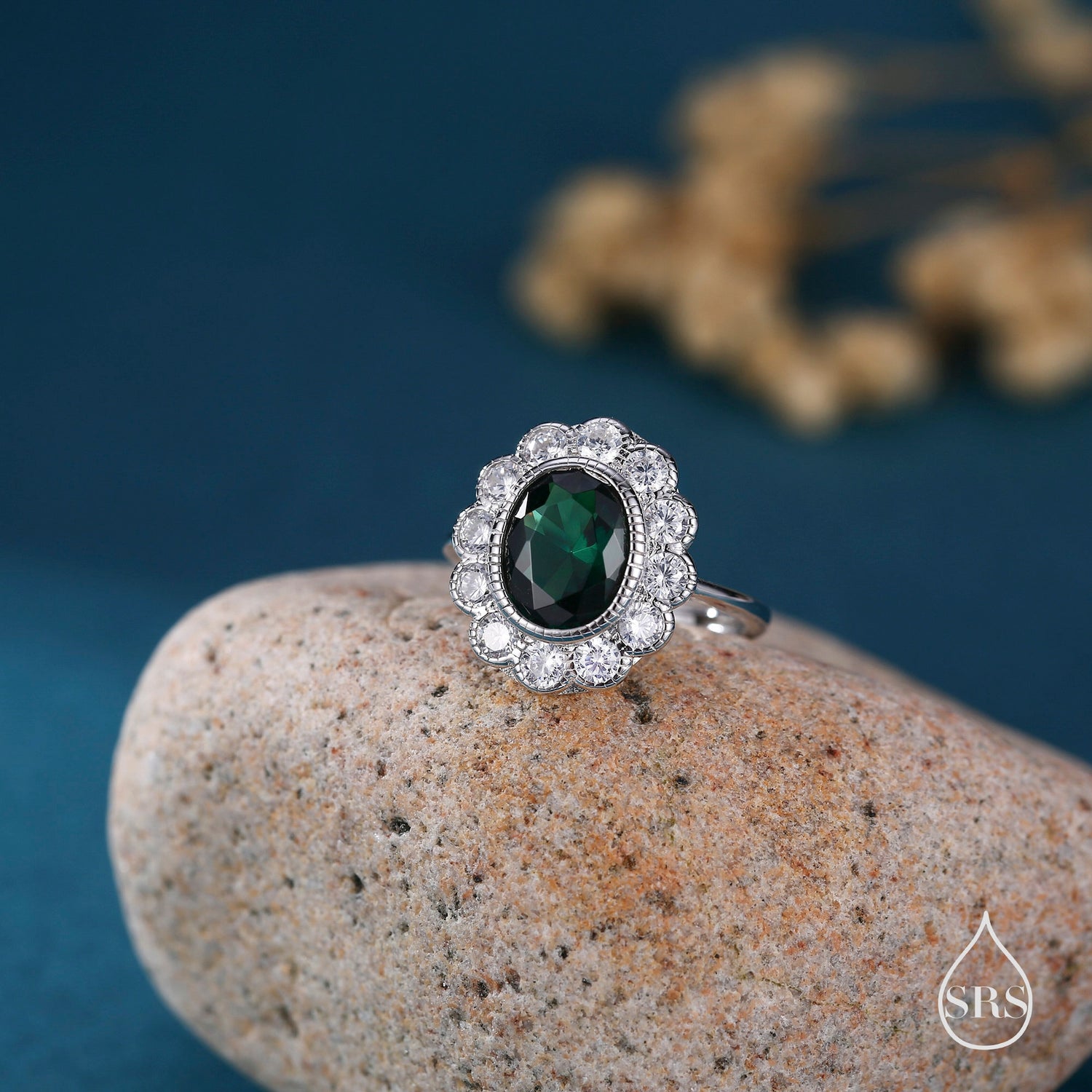 Vintage Emerald Green CZ Halo Ring