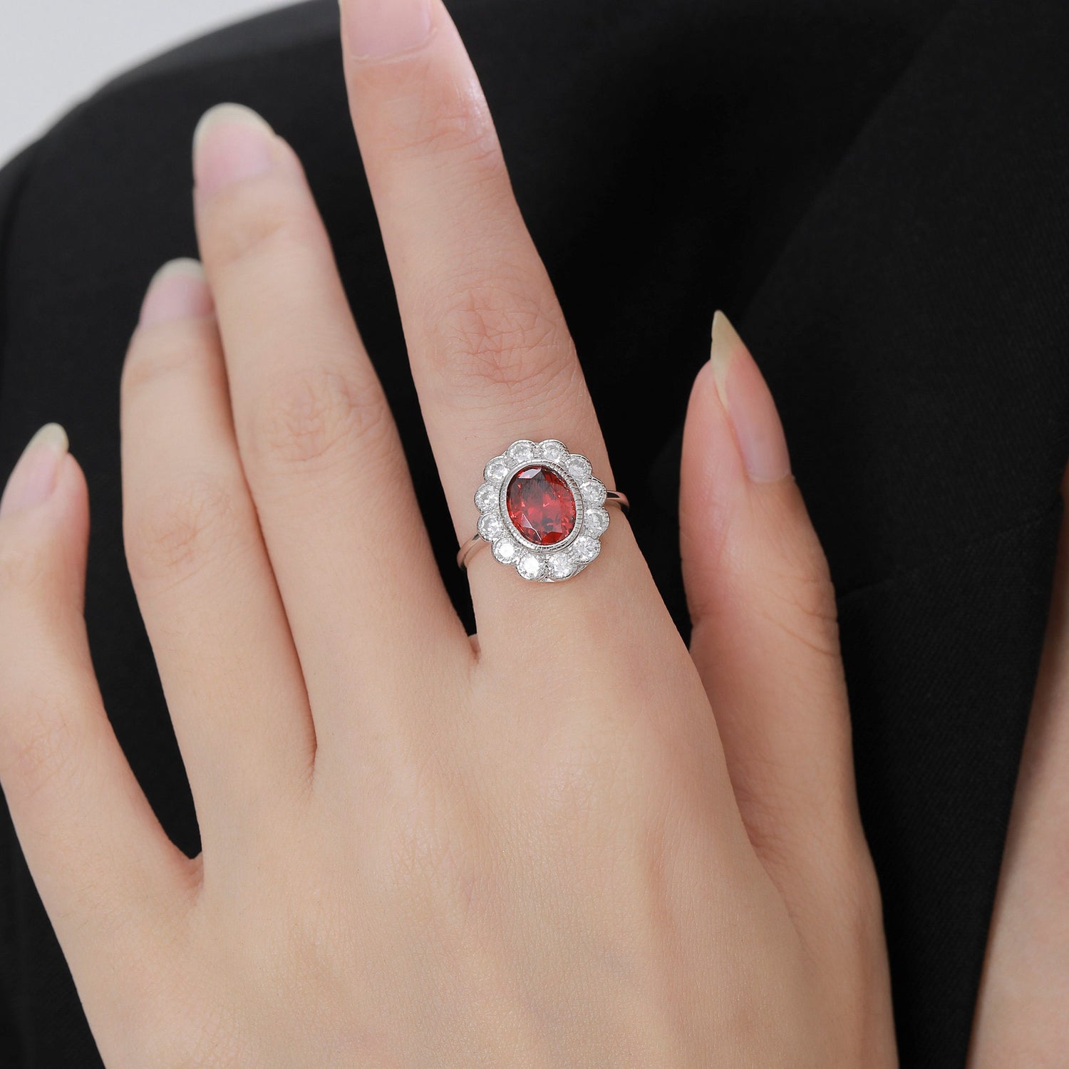 Vintage Garnet Red CZ Halo Ring