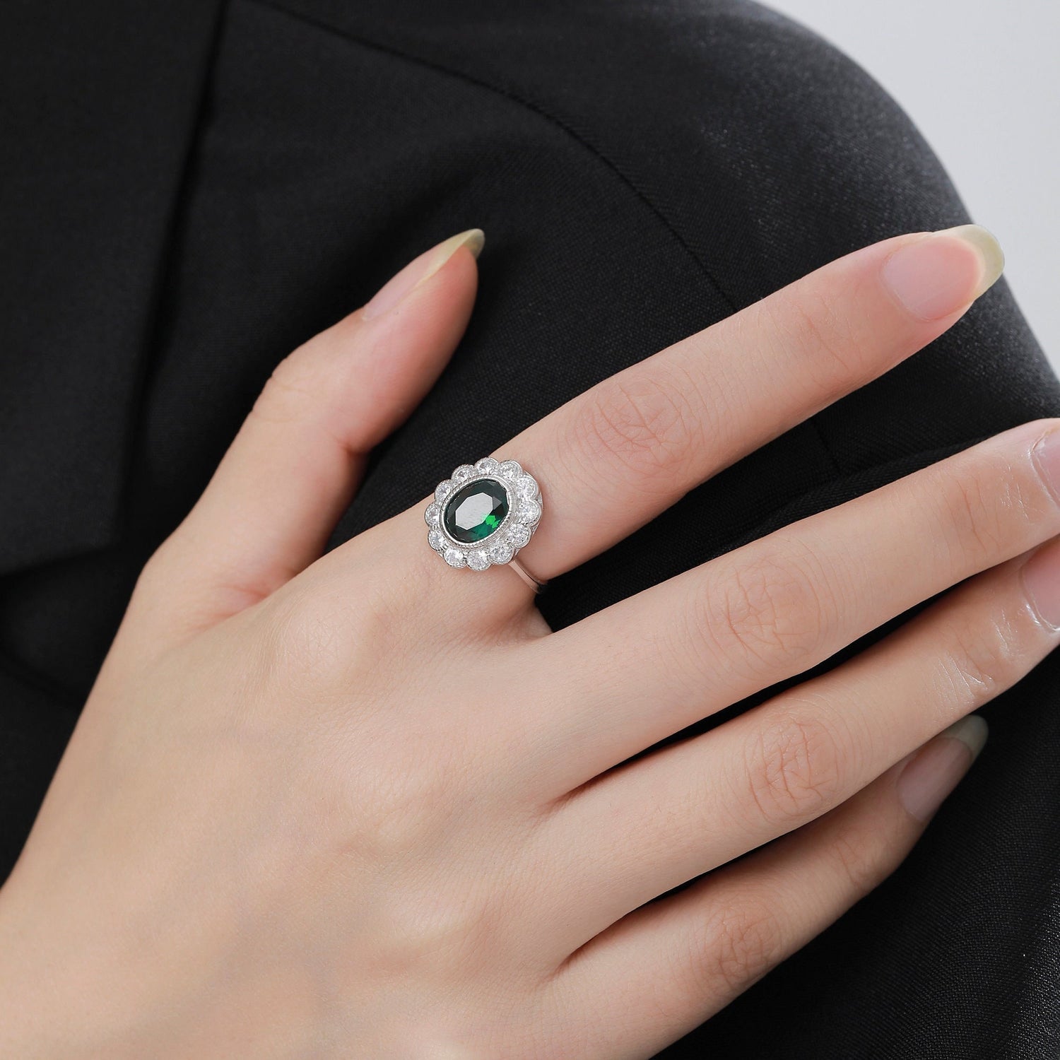 Vintage Emerald Green CZ Halo Ring