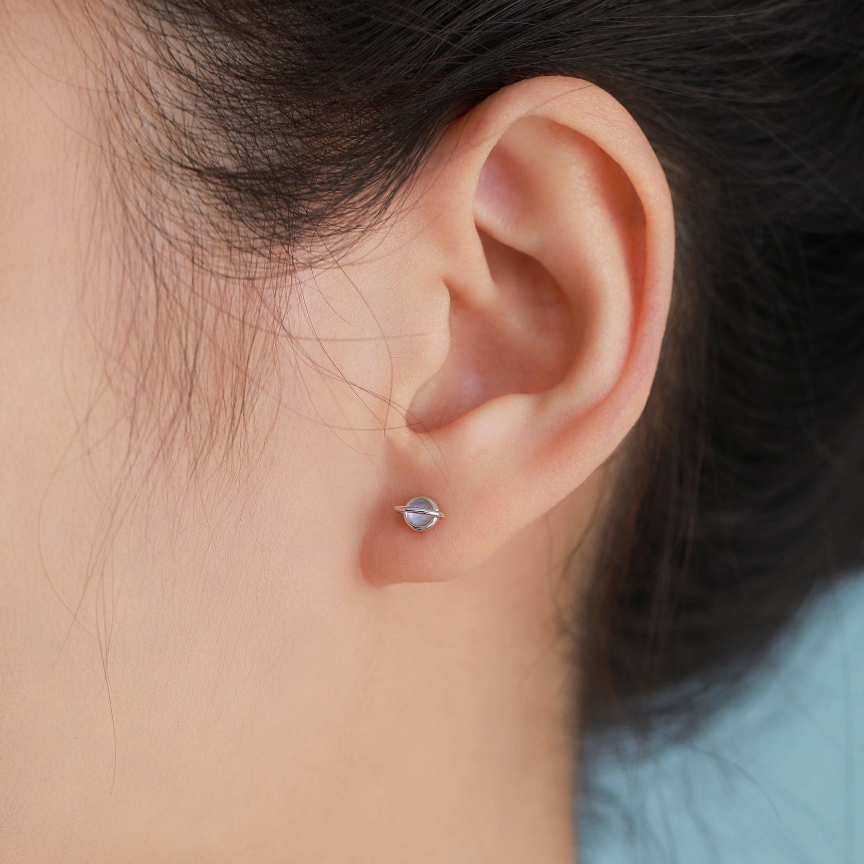 Moonstone Planet Screw Back Earrings in Sterling Silver, Lab Moonstone Planet Earrings, Opal Saturn Earrings