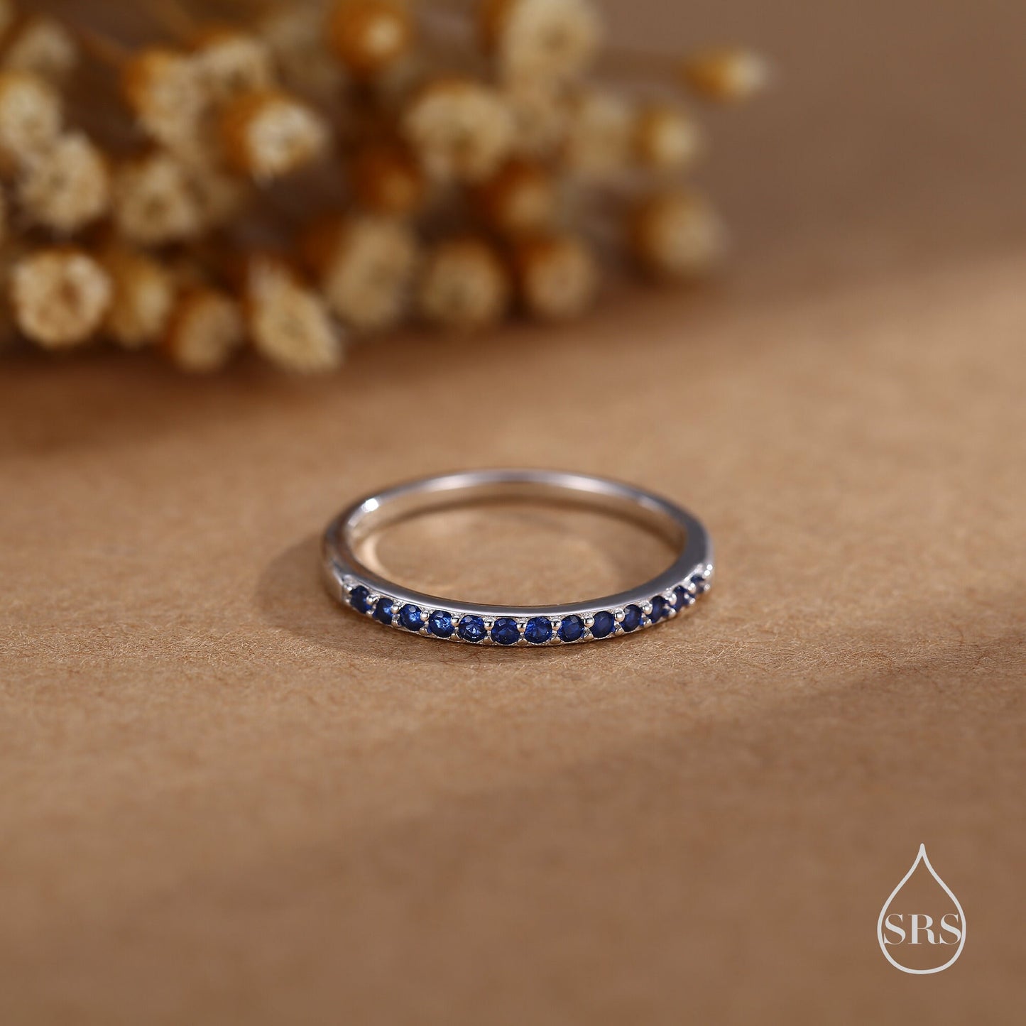 Sapphire Blue Half Eternity Ring in Sterling Silver, Silver or Gold, Blue Sapphire CZ Skinny Ring, Minimalist Stacking Ring US 5 - 8