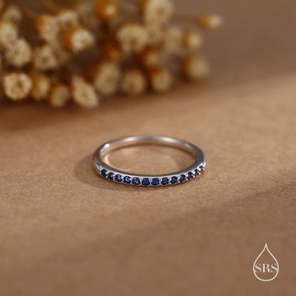 Sapphire Blue Half Eternity Ring in Sterling Silver, Silver or Gold, Blue Sapphire CZ Skinny Ring, Minimalist Stacking Ring US 5 - 8