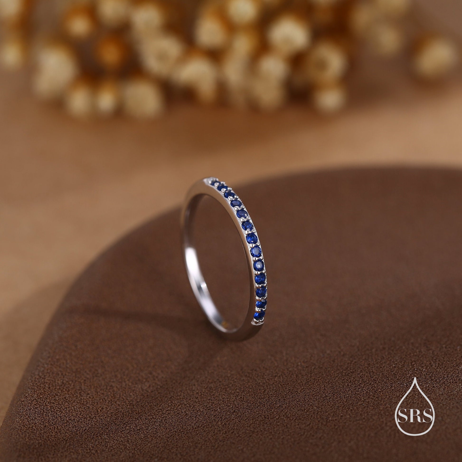 Sapphire Blue Half Eternity Ring in Sterling Silver, Silver or Gold, Blue Sapphire CZ Skinny Ring, Minimalist Stacking Ring US 5 - 8