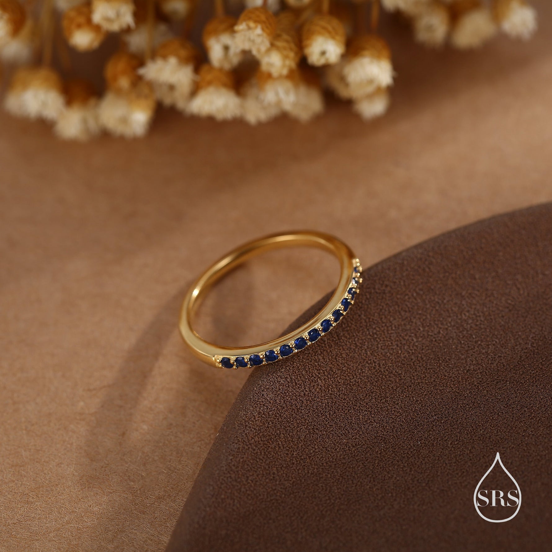 Sapphire Blue Half Eternity Ring in Sterling Silver, Silver or Gold, Blue Sapphire CZ Skinny Ring, Minimalist Stacking Ring US 5 - 8