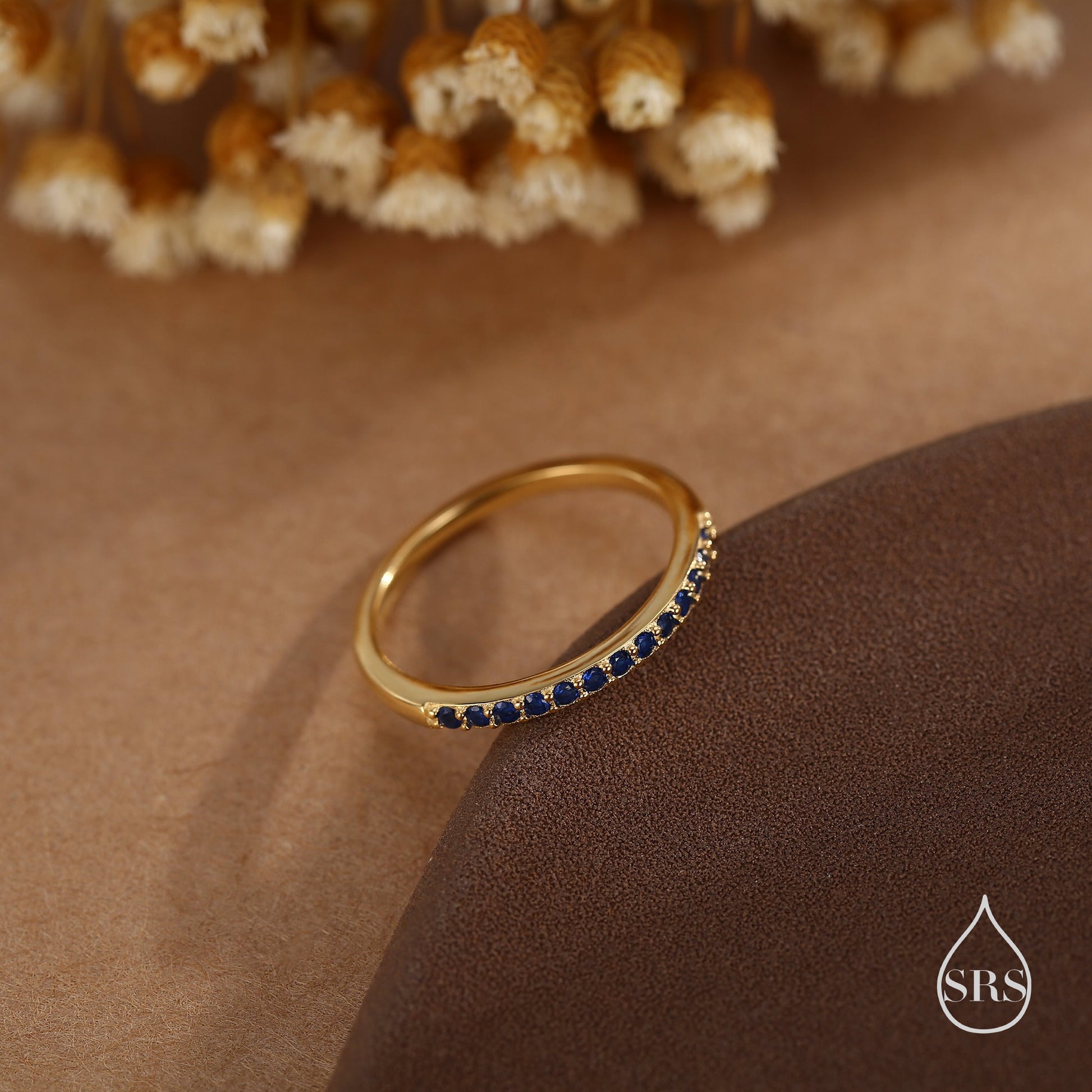 Sapphire Blue Half Eternity Ring in Sterling Silver, Silver or Gold, Blue Sapphire CZ Skinny Ring, Minimalist Stacking Ring US 5 - 8