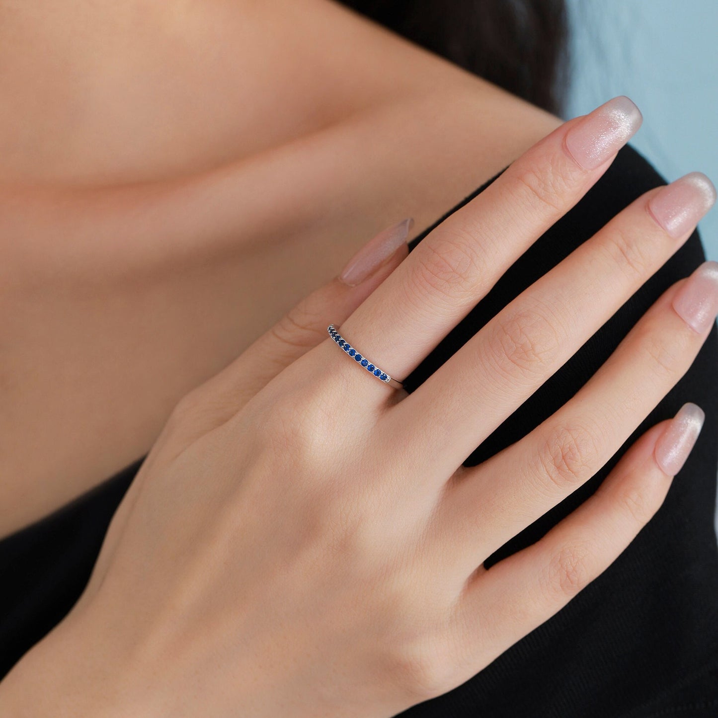 Sapphire Blue Half Eternity Ring in Sterling Silver, Silver or Gold, Blue Sapphire CZ Skinny Ring, Minimalist Stacking Ring US 5 - 8