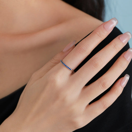 Sapphire Blue Half Eternity Ring in Sterling Silver, Silver or Gold, Blue Sapphire CZ Skinny Ring, Minimalist Stacking Ring US 5 - 8