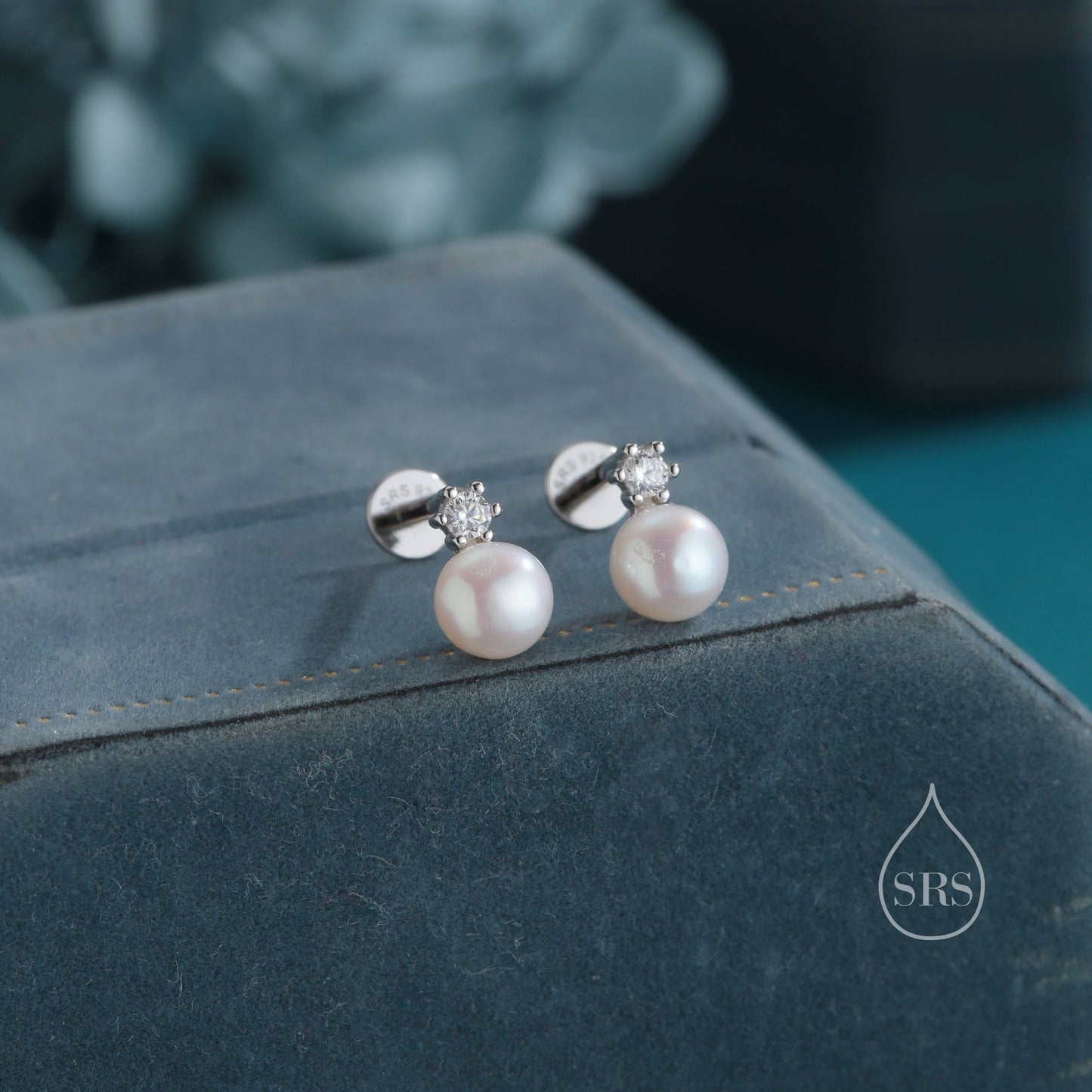 Tiny Genuine Pearl and CZ Screw Back Earrings in Sterling Silver, Silver or Gold, Natural Pearl Earrings, Freshwater Pearl Earrings