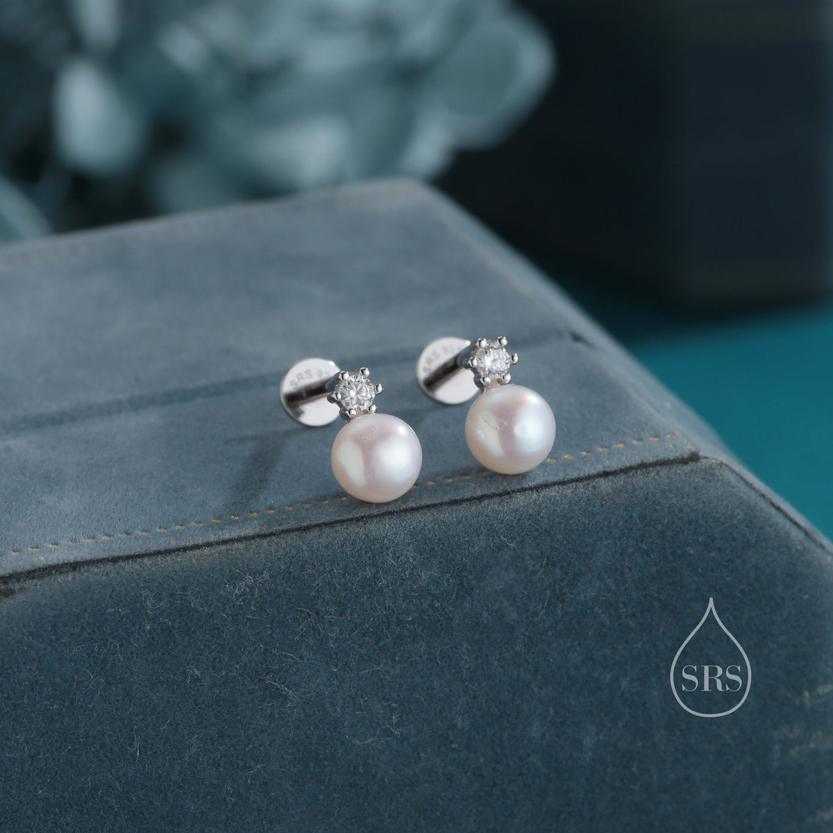 Tiny Genuine Pearl and CZ 16G Internally Threaded Flat Back Earrings in Sterling Silver
