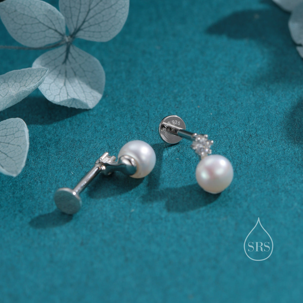 Tiny Genuine Pearl and CZ 16G Internally Threaded Flat Back Earrings in Sterling Silver
