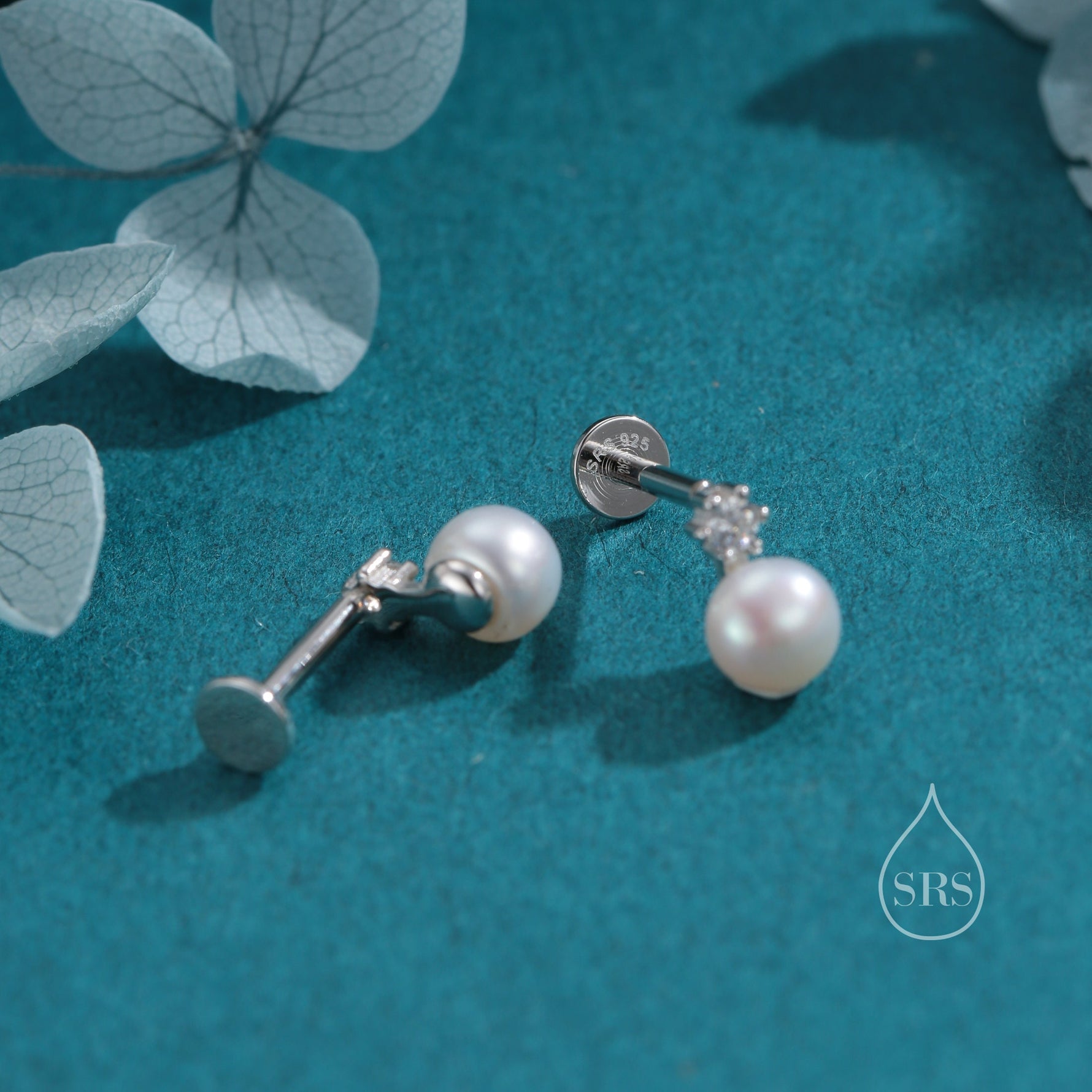 Tiny Genuine Pearl and CZ 16G Internally Threaded Flat Back Earrings in Sterling Silver