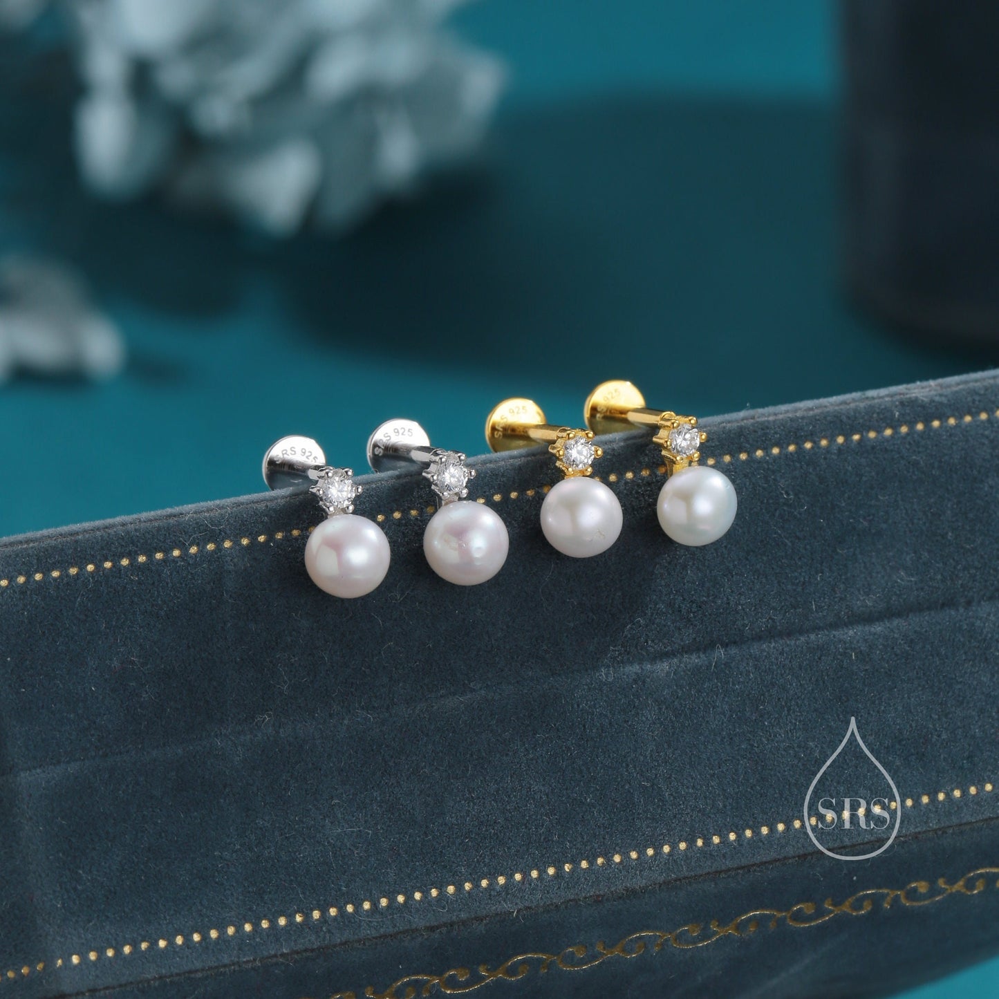 Tiny Genuine Pearl and CZ Internally Threaded Flat Back, Screw Back Earrings in Sterling Silver, Silver or Gold, Natural Pearl Earrings