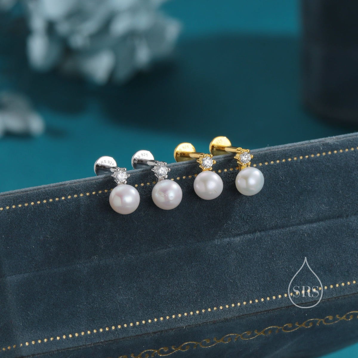 Tiny Genuine Pearl and CZ 16G Internally Threaded Flat Back Earrings in Sterling Silver