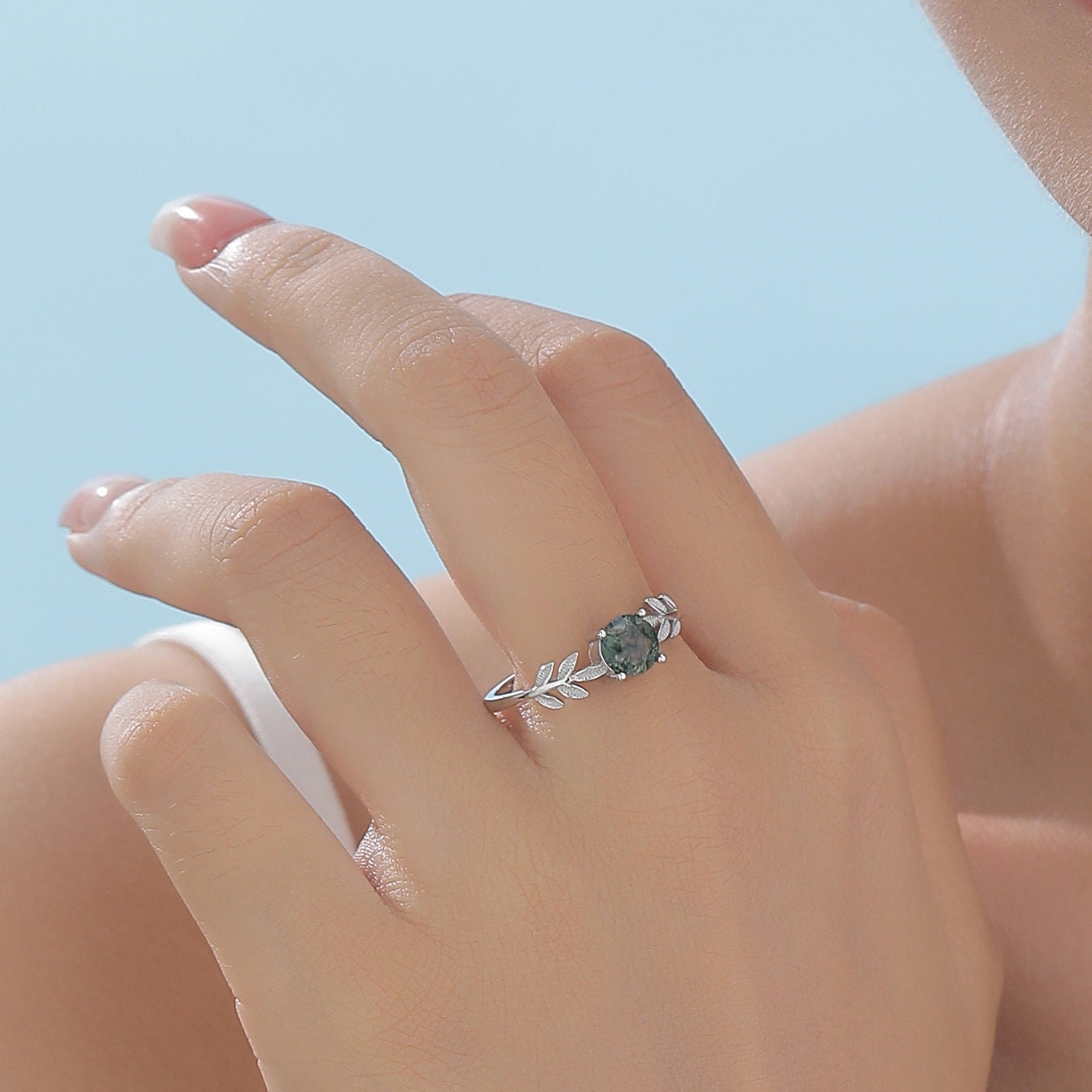 Moss Agate and Leaf Single Stone Ring in Sterling Silver, Adjustable Size, Botanical Jewellery, Natural Moss Agate Ring