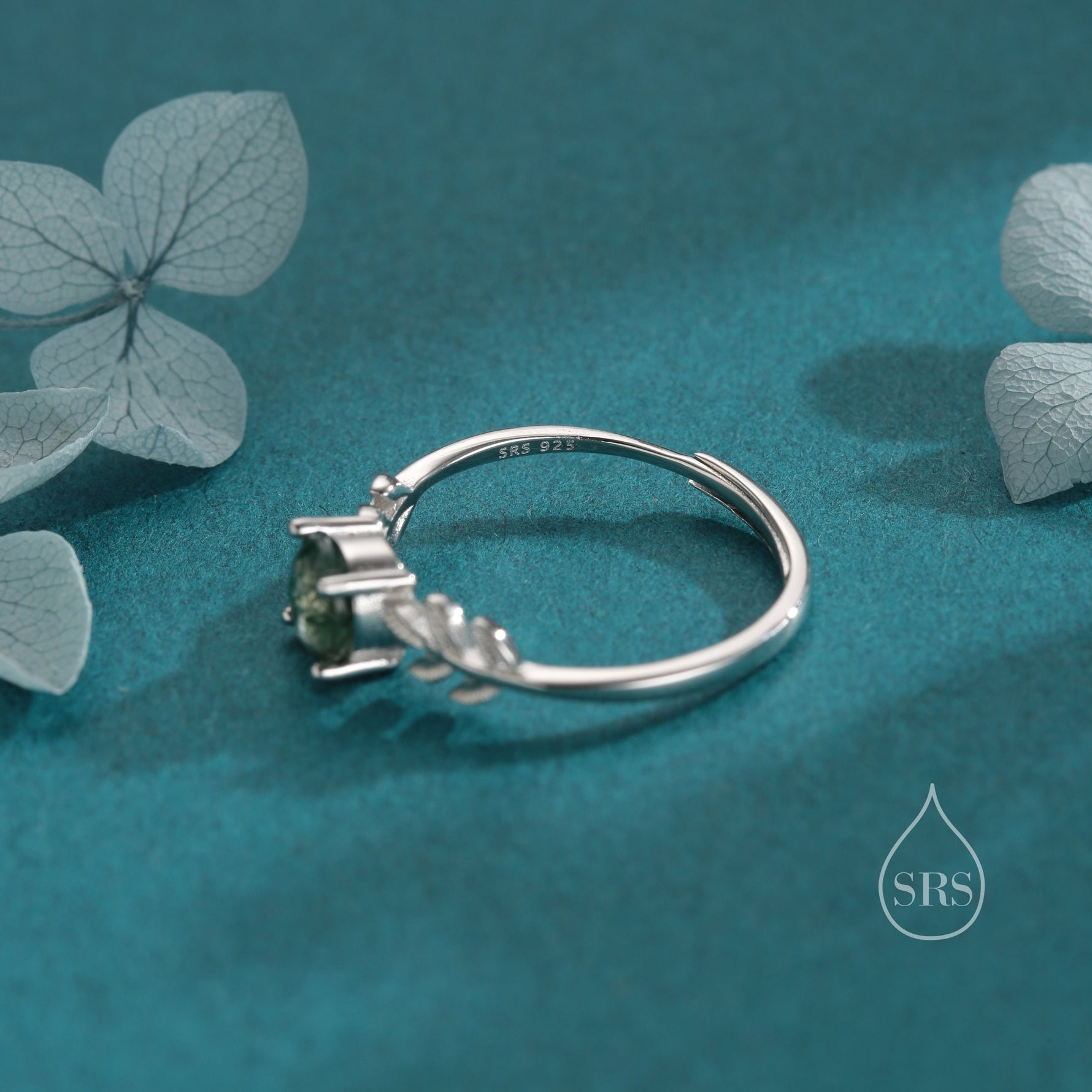 Moss Agate and Leaf Single Stone Ring in Sterling Silver, Adjustable Size, Botanical Jewellery, Natural Moss Agate Ring