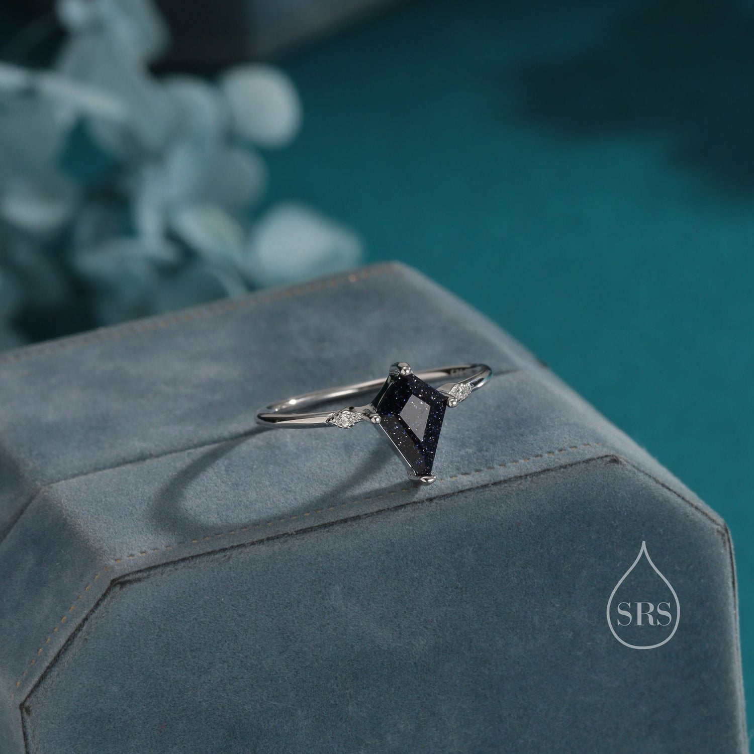 1 Carat Rhombus Cut Blue Sandstone Ring in Sterling Silver, Kite Shape Blue Sandstone Ring, US 5-8