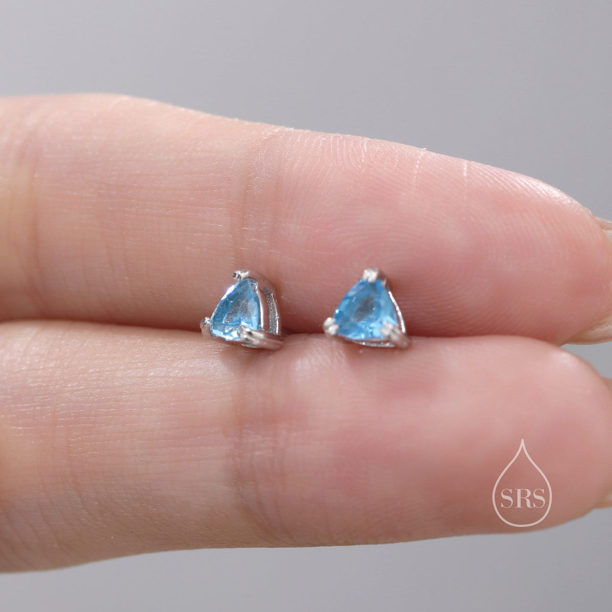 Genuine Swiss Blue Topaz Stud Earrings in Sterling Silver, 4mm Tiny Topaz Earrings, Trillion Cut Natural Swiss Blue Topaz Earrings
