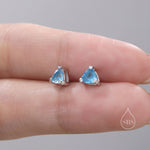 Genuine Swiss Blue Topaz Stud Earrings in Sterling Silver, 4mm Tiny Topaz Earrings, Trillion Cut Natural Swiss Blue Topaz Earrings