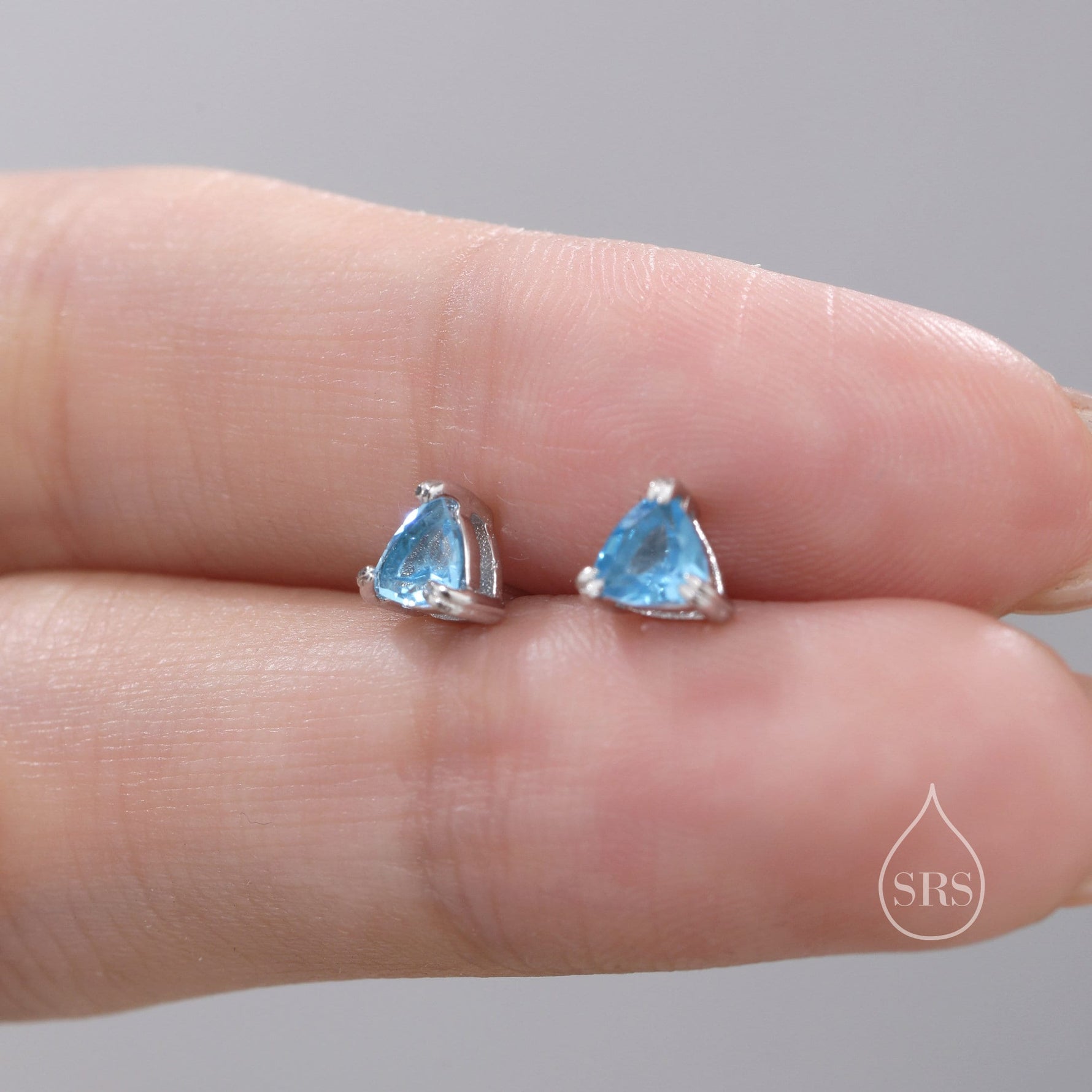 Genuine Swiss Blue Topaz Stud Earrings in Sterling Silver, 4mm Tiny Topaz Earrings, Trillion Cut Natural Swiss Blue Topaz Earrings