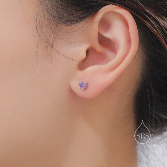 Genuine  Amethyst Trillion Cut Stud Earrings in Sterling Silver, 4mm Trillion Cut, Tiny Amethyst Stud Earrings