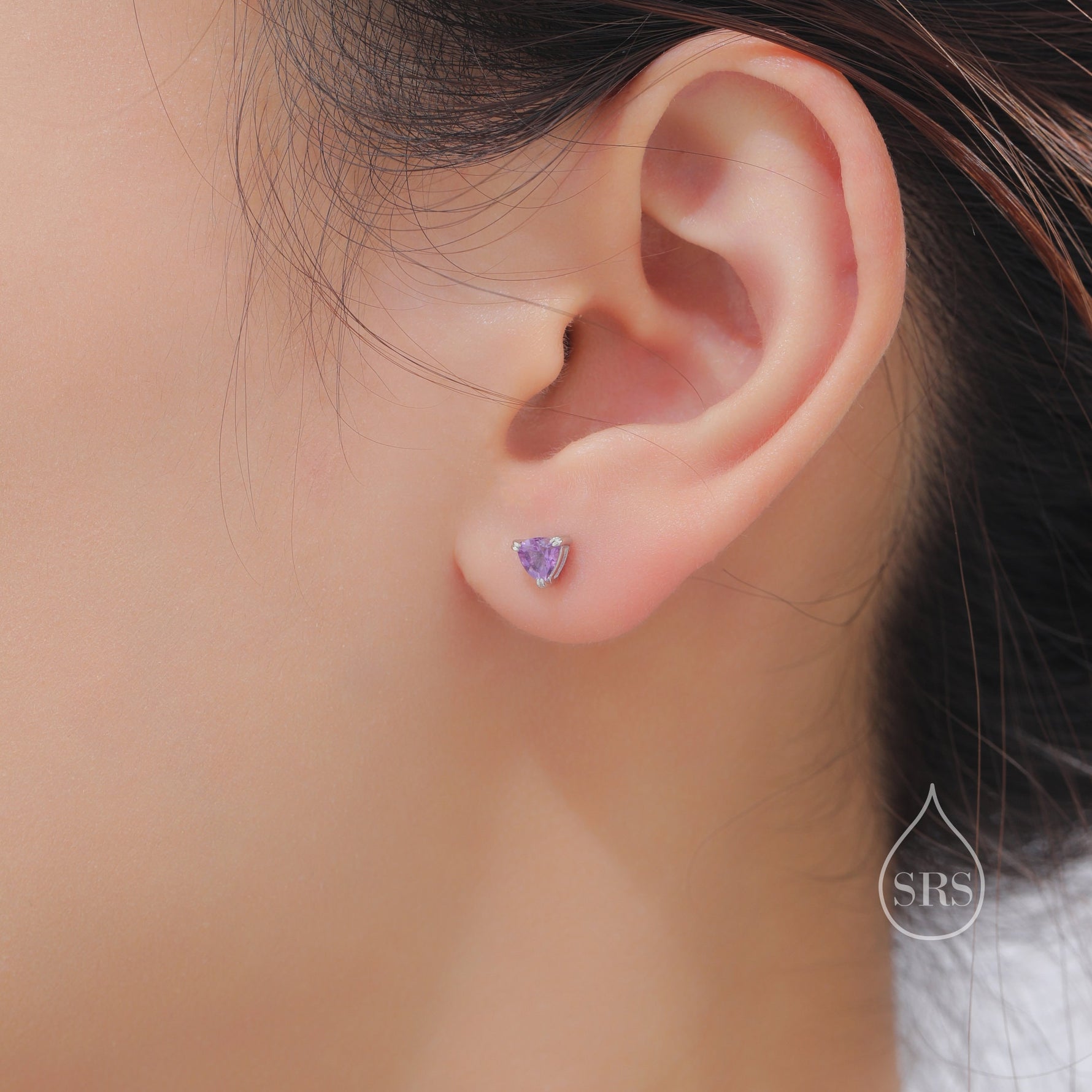 Genuine Amethyst Trillion Cut Stud Earrings in Sterling Silver, 4mm Trillion Cut, Tiny Amethyst Stud Earrings