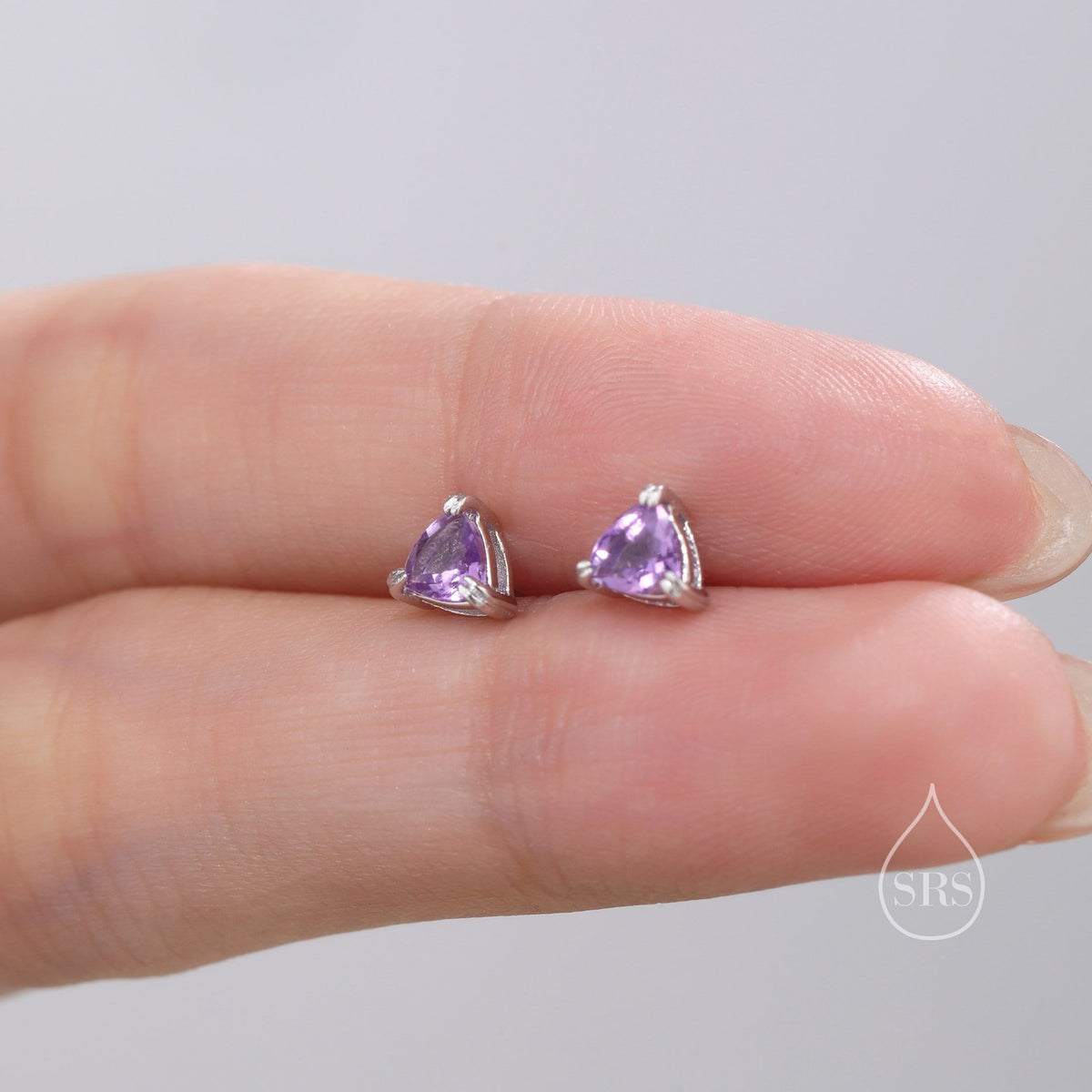 Genuine Amethyst Trillion Cut Stud Earrings in Sterling Silver, 4mm Trillion Cut, Tiny Amethyst Stud Earrings