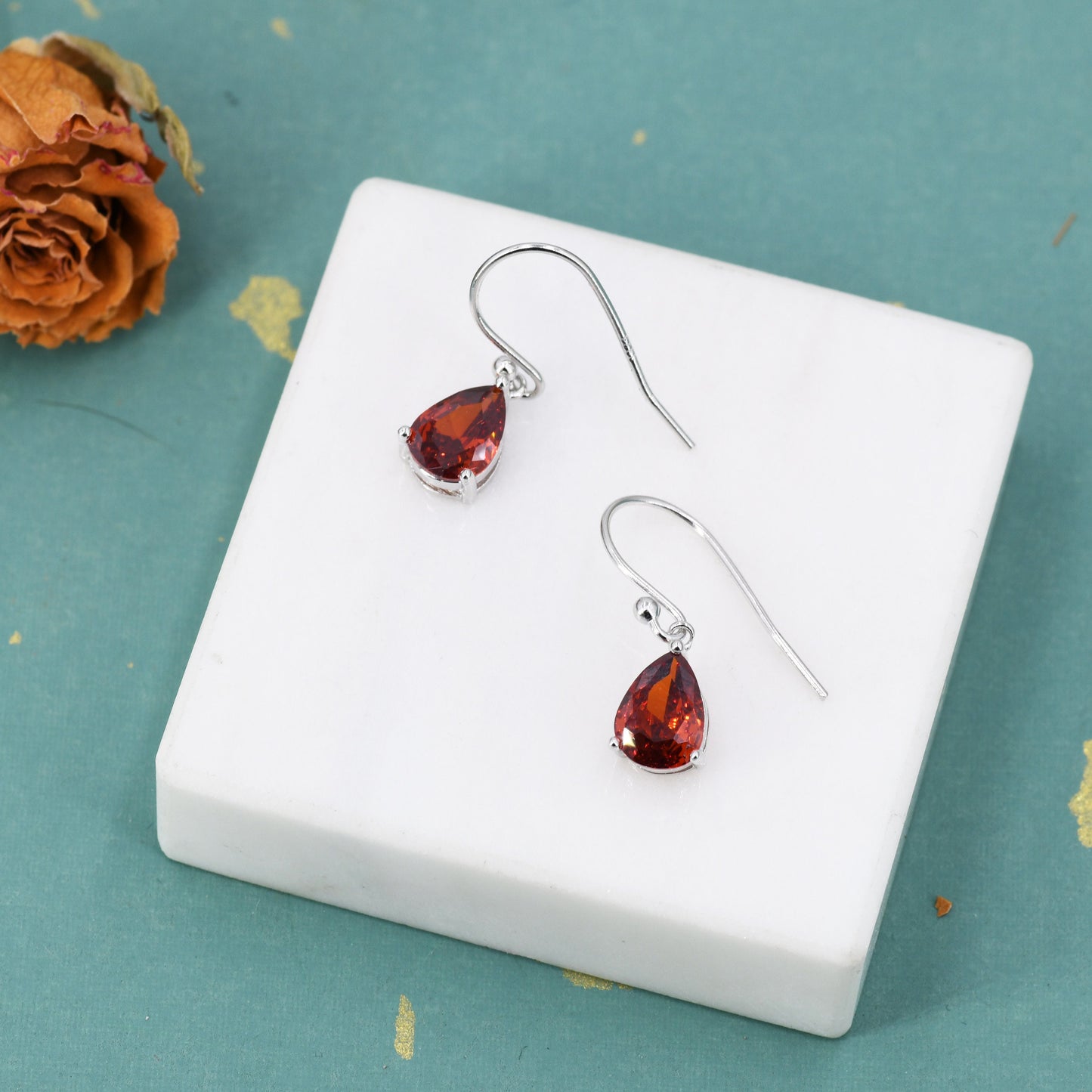 Sterling Silver Garnet Red CZ Droplet Drop Earrings in Sterling Silver, Silver or Gold, Pear Shape Cubic Zirconia Hook Earrings