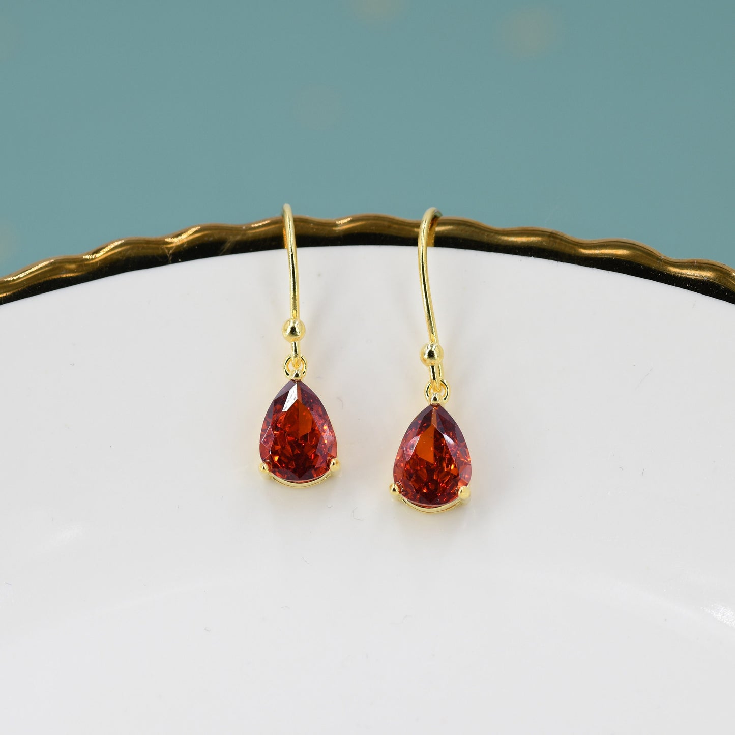 Sterling Silver Garnet Red CZ Droplet Drop Earrings in Sterling Silver, Silver or Gold, Pear Shape Cubic Zirconia Hook Earrings