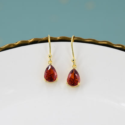 Sterling Silver Garnet Red CZ Droplet Drop Earrings in Sterling Silver, Silver or Gold, Pear Shape Cubic Zirconia Hook Earrings