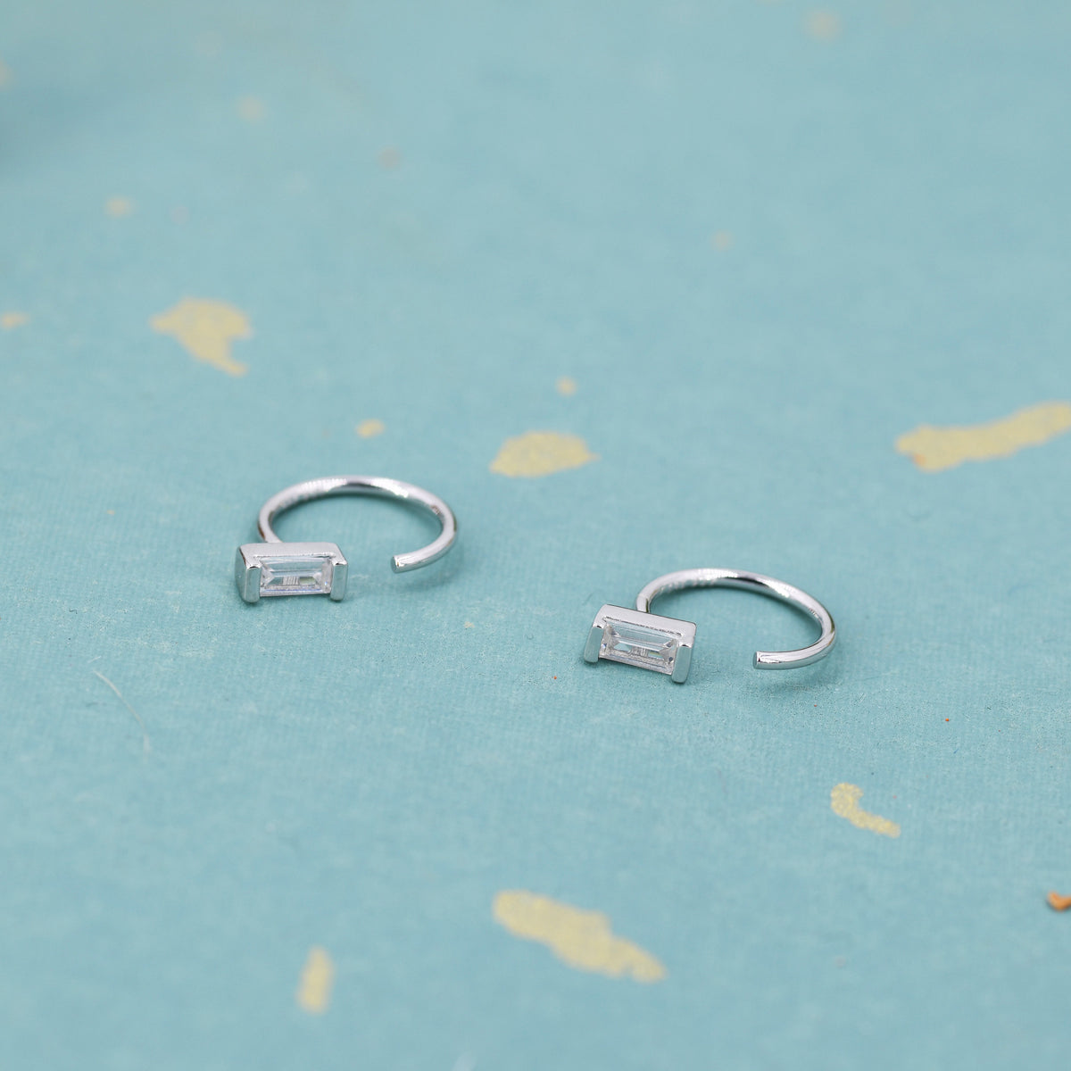 Vertical Baguette Cut CZ Huggie Hoop Earrings in Sterling Silver, Silver or Gold, Open Hoops, Pull-Through Threader Earrings