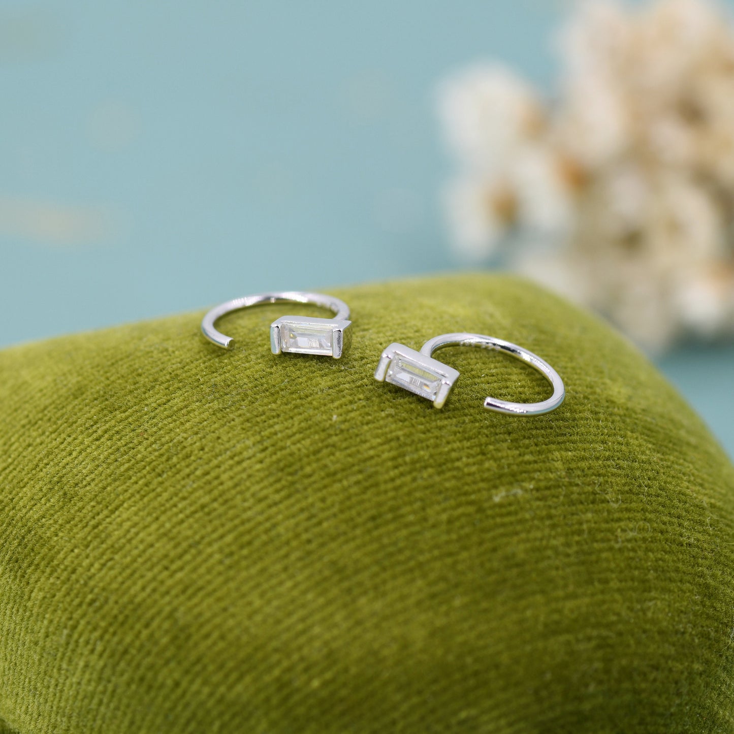 Vertical Baguette Cut CZ Huggie Hoop Earrings in Sterling Silver, Silver or Gold, Open Hoops,  Pull-Through Threader Earrings