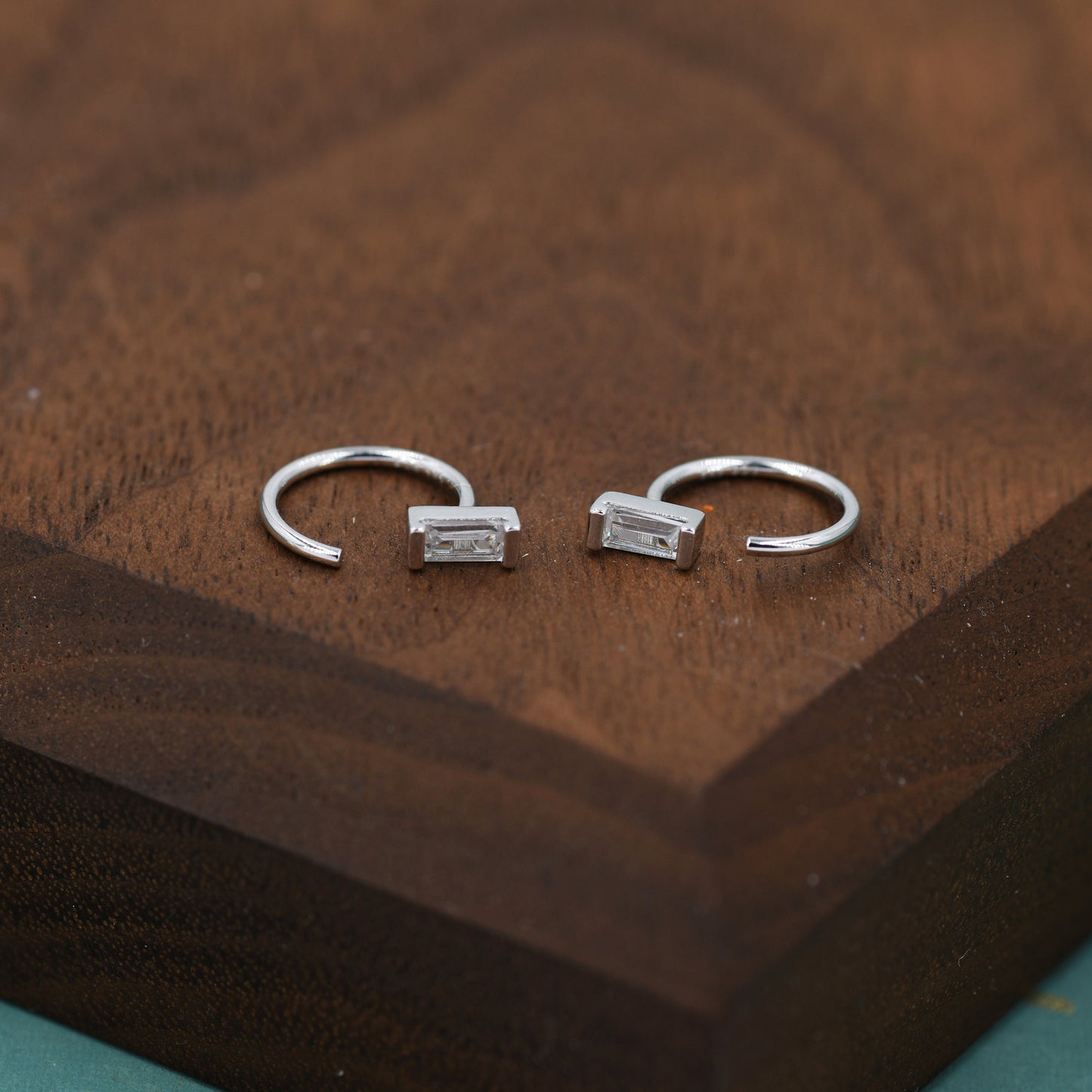 Vertical Baguette Cut CZ Huggie Hoop Earrings in Sterling Silver, Silver or Gold, Open Hoops,  Pull-Through Threader Earrings