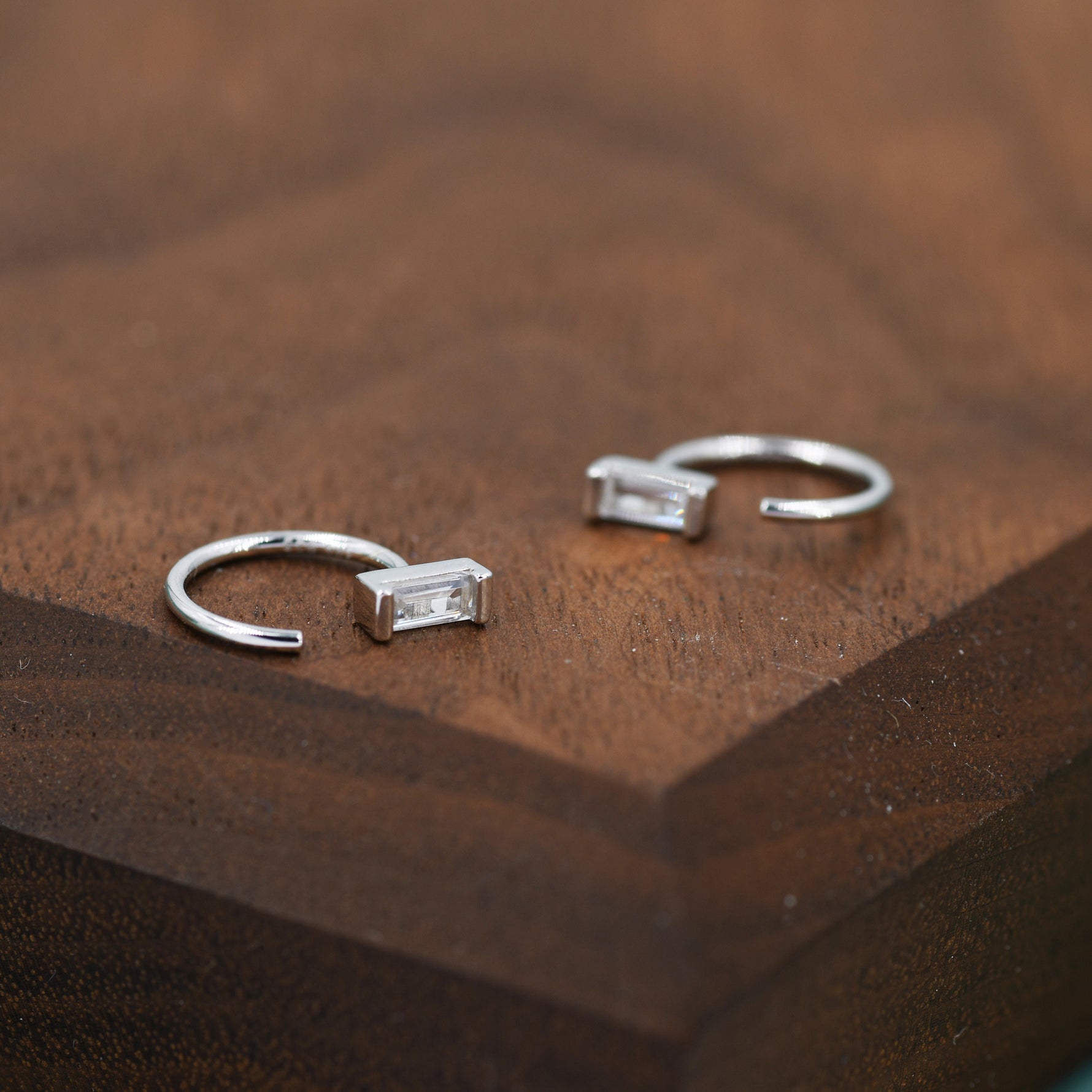 Vertical Baguette Cut CZ Huggie Hoop Earrings in Sterling Silver, Silver or Gold, Open Hoops, Pull-Through Threader Earrings