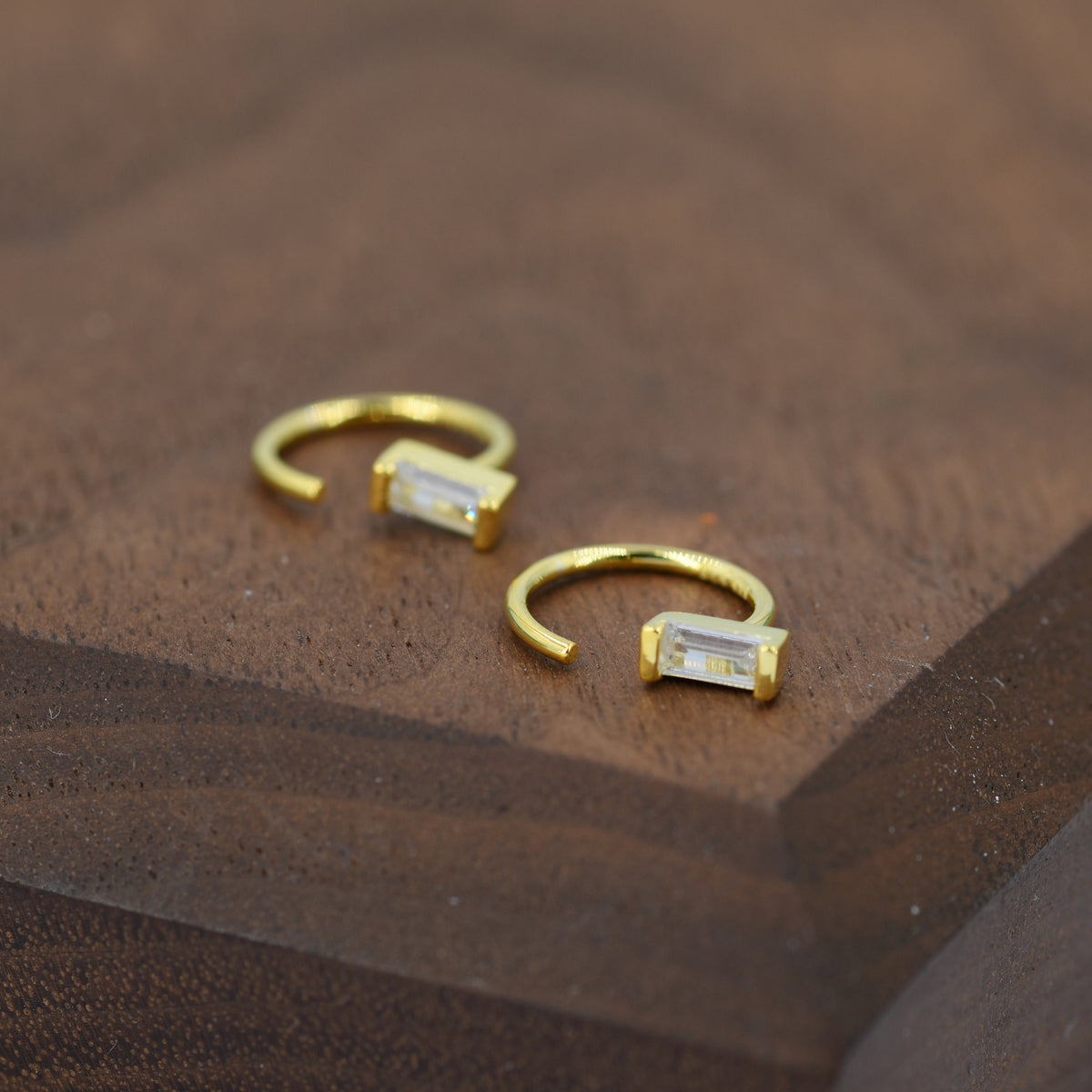 Vertical Baguette Cut CZ Huggie Hoop Earrings in Sterling Silver, Silver or Gold, Open Hoops, Pull-Through Threader Earrings