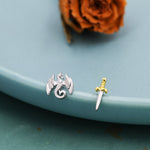 Mismatched Dragon and Sword Stud Earrings in Sterling Silver, Asymmetric Dragon Earrings