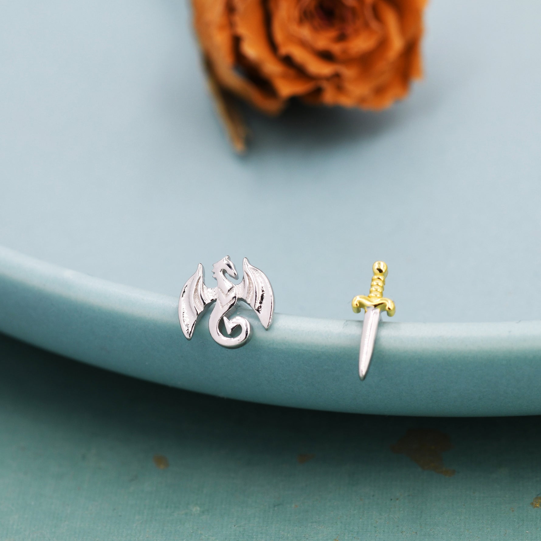 Mismatched Dragon and Sword Stud Earrings in Sterling Silver, Asymmetric Dragon Earrings