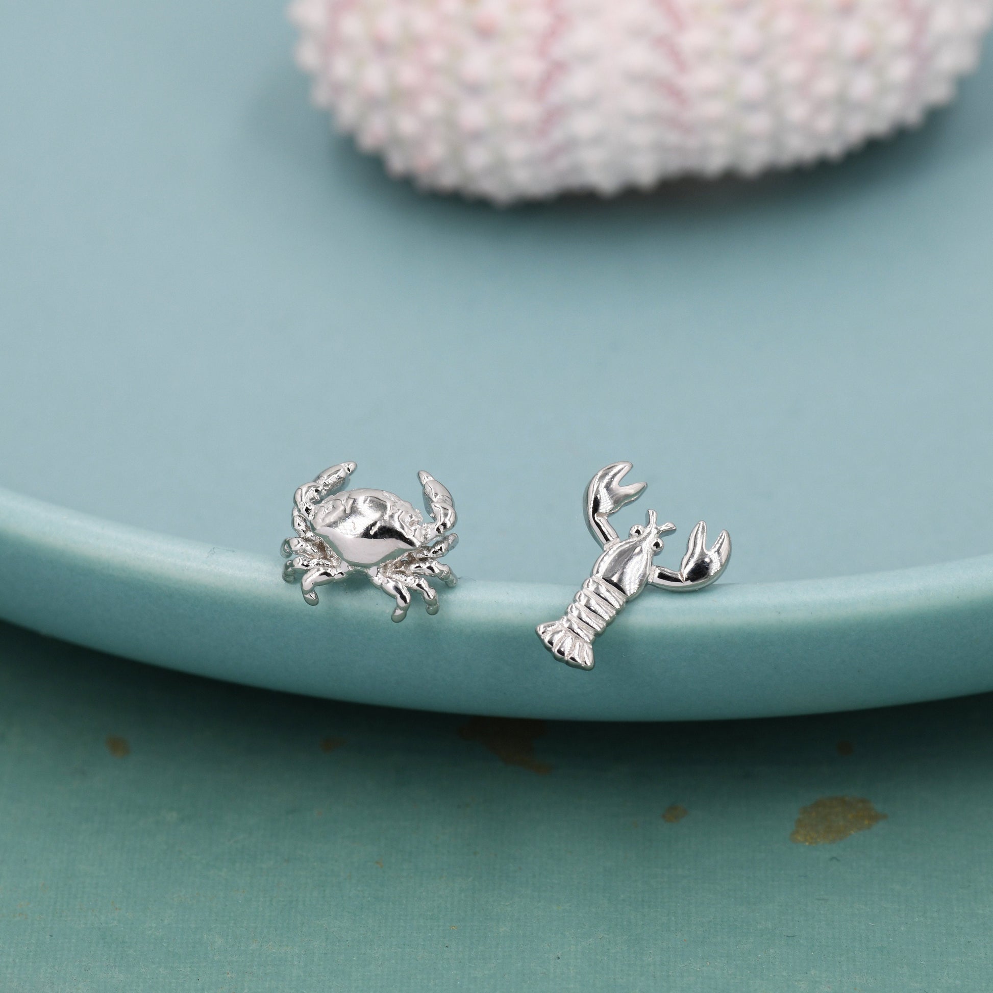 Sterling Silver Mismatched Crab and Lobster Stud Earrings, Asymmetric Ocean Creature Earrings, Cute and Quirky