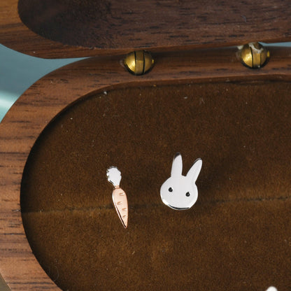 Sterling Silver Mismatched Rabbit and Carrot Stud Earrings, Dainty Asymmetric Cute Bunny and Carrot Earrings