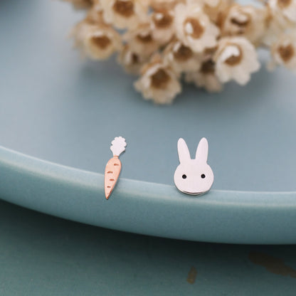 Sterling Silver Mismatched Rabbit and Carrot Stud Earrings, Dainty Asymmetric Cute Bunny and Carrot Earrings