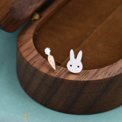 Sterling Silver Mismatched Rabbit and Carrot Stud Earrings, Dainty Asymmetric Cute Bunny and Carrot Earrings