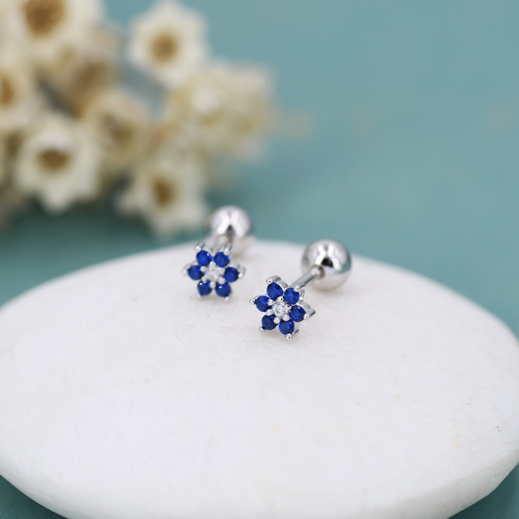 Very Tiny Sapphire Blue CZ Flower Screw Back/ Stud Earrings in Sterling Silver, Silver or Gold, Crystal Flower Earrings, Stacking Earrings