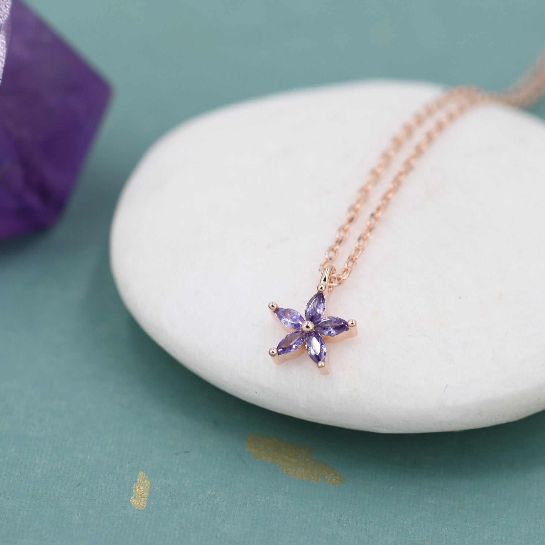 Tiny Amethyst Purple CZ Flower Necklace in Sterling Silver, Silver or Gold, CZ Flower Necklace, CZ Cluster Floral Necklace