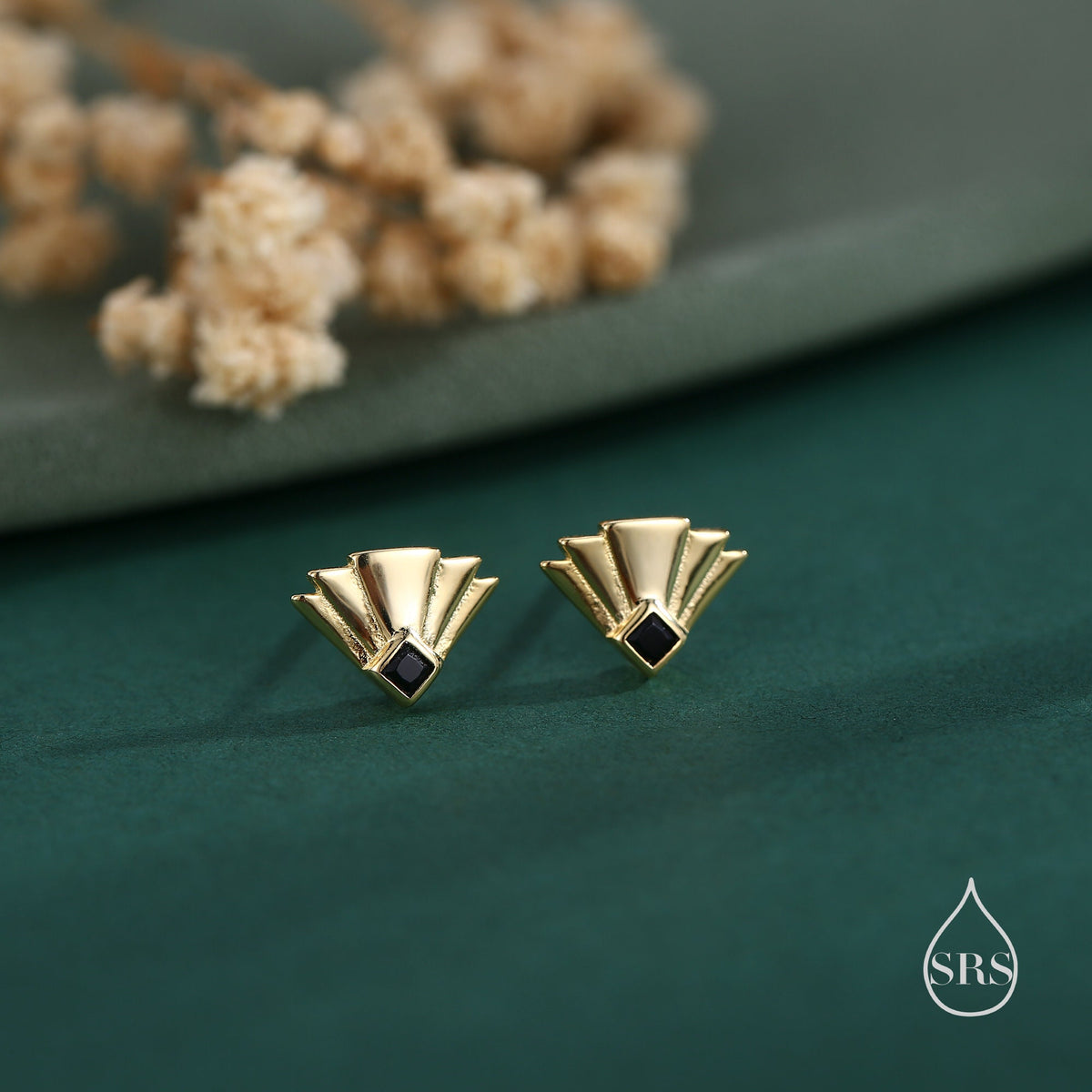 Art Deco Inspired Small Sun Ray Stud Earrings in Sterling Silver, Black or clear CZ, Silver or Gold or Rose Gold, Tiny Art Deco Style Earrings